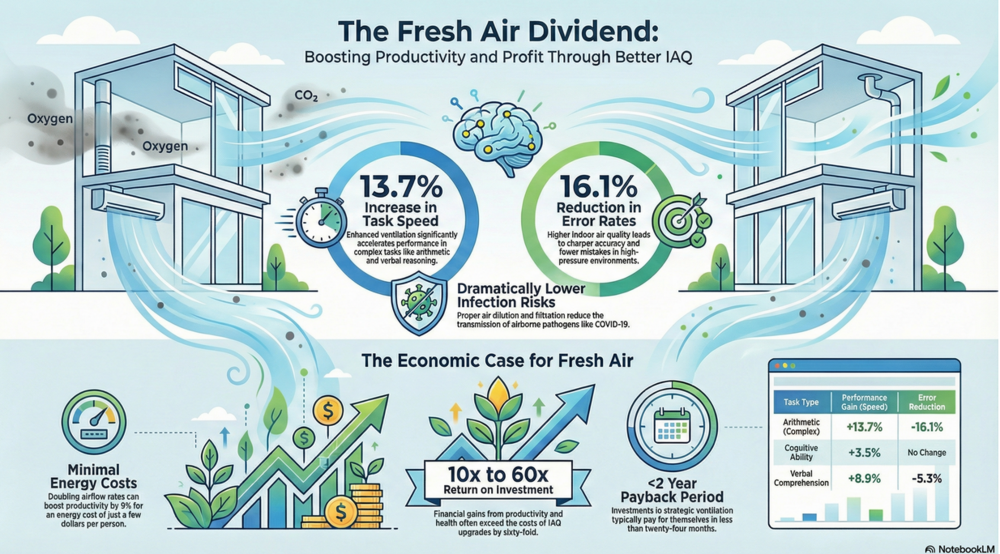 Die Frischluftdividende: Kognitive Leistungssprünge durch optimierte Belüftung. Steigerung der Arbeitsgeschwindigkeit um 13.7 % bei komplexen Aufgaben, zum Beispiel Mathematik und Textverständnis. Reduzierung der Fehlerquote um 16 % bei geistig anspruchsvollen Tätigkeiten. Der Business Case für reine Luft: Payback in Rekordzeit. Der jährliche Nutzen übersteigt die Energie- und Wartungskosten oft um das 10-fache (bei Belüftung oder Filtration), maximaler Return on Investment ROI bis zum 60-fachen bei Belüftung plus Filtration. (Bild: Maja Strasser / NotebookLM)